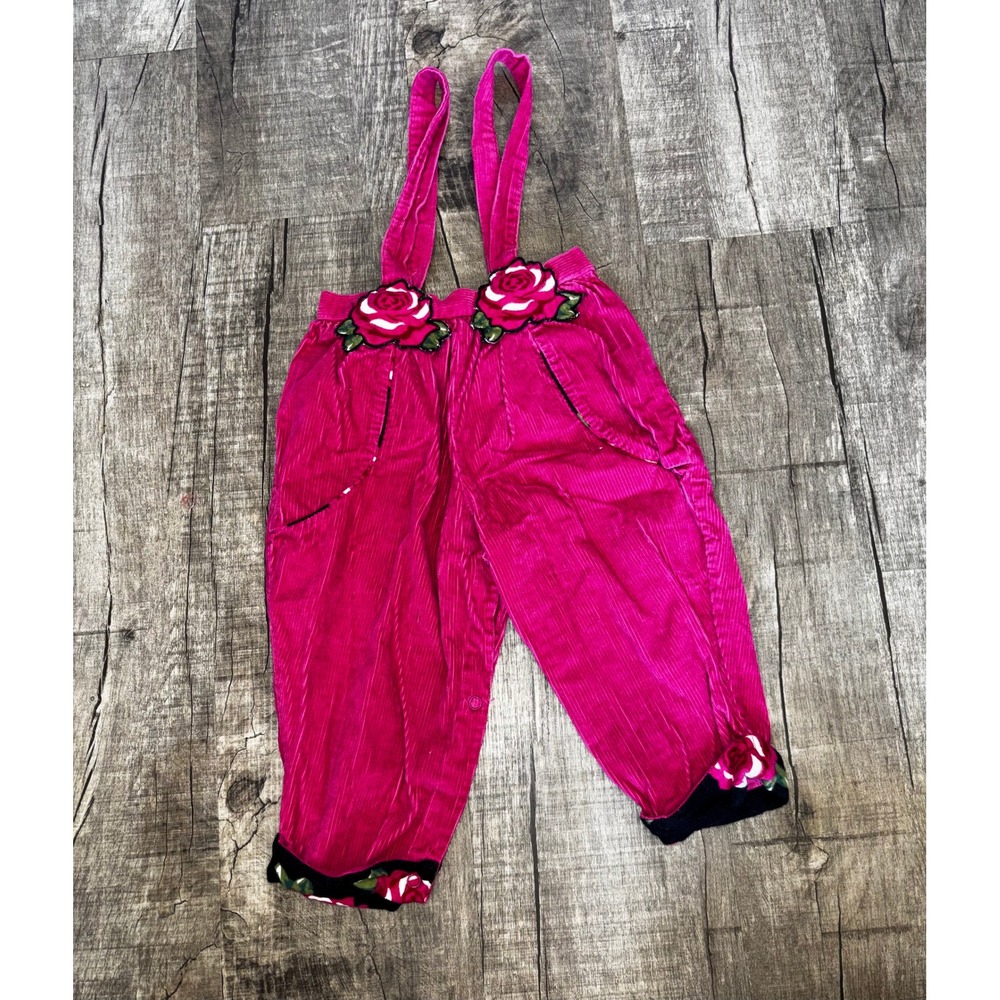 Vintage Hot Pink Corduroy Floral Rose Applique Overalls 24 Months Cotton‎ Retro